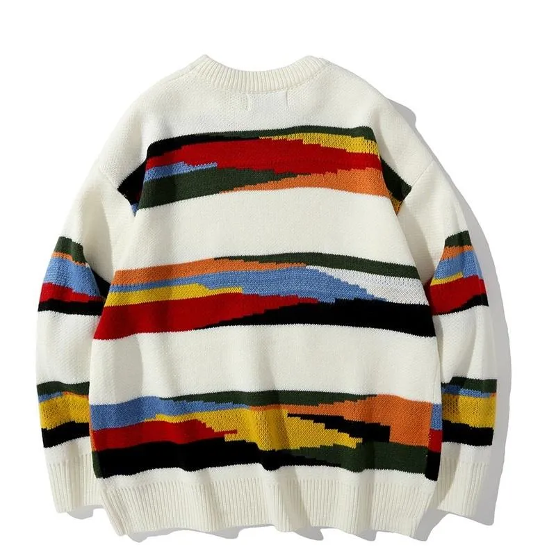 Herrtröjor Harajuku Vintage Rainbow Stickad tröja Herr Vinterkläder Randig Oversized Rock Pullover Dam Jumper Ugly