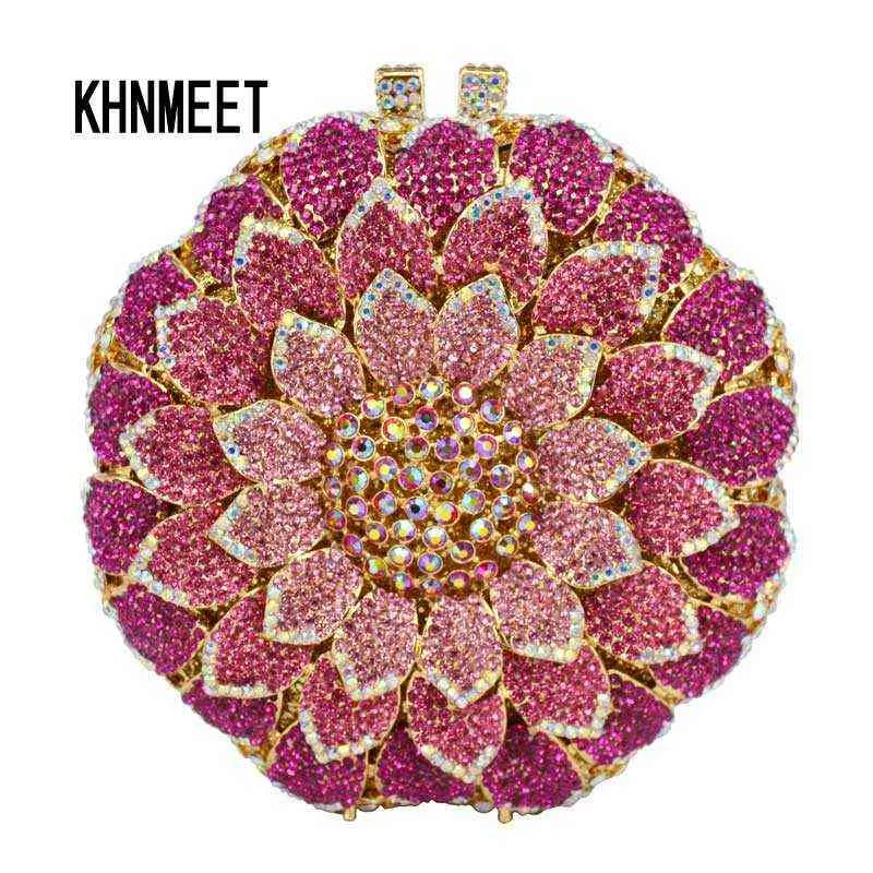 Avondzak Laisc Roze Circulaire Bloem Vorm met Metalen Diamond Dames Koppeling Party Crystal Purse Prom Pouch SC202-B 1214