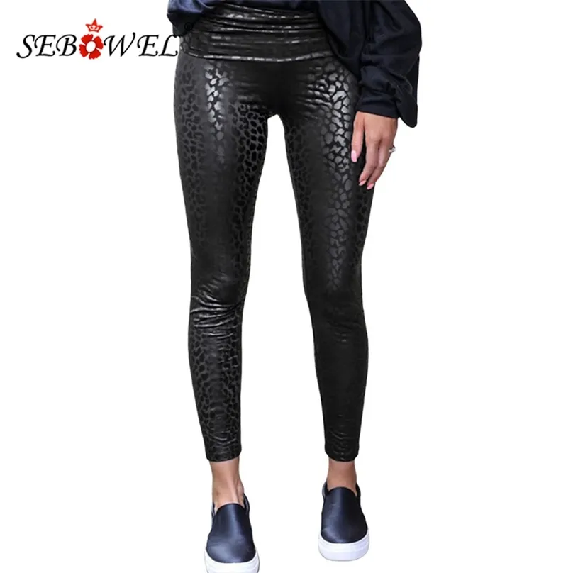 Sebowel Women High Paist Black Legginsy Lampart Textured Stretty Faux Skórzane Spodnie Kobieta Sexy Skinny Jesień S-XL 211215