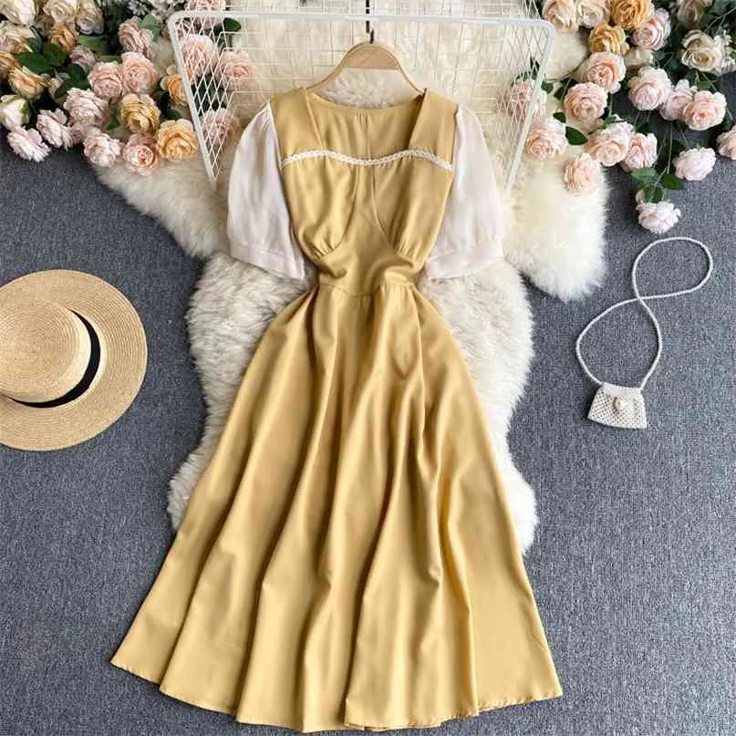 Women Summer Fashion Square Neck Short Sleeve Contrast Stitching Slim A-line Casual Dress Harajuku Korean Vestidos S412 210527