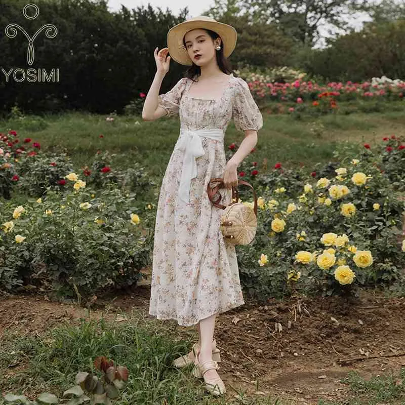 Yosimi lange jurk zomer korte mouw vierkante kraag midden-kalf fit en flare katoenen bloemenprint borduur riem vrouwen 210604