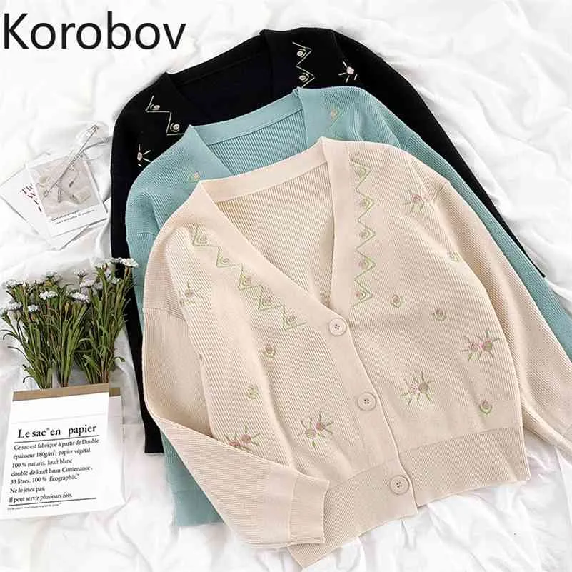 Korobov New Chic O Collo Cardigan da donna Stile Preppy Fiore Ricamo Maglioni Maglia a maniche lunghe Suéter Mujer 210430