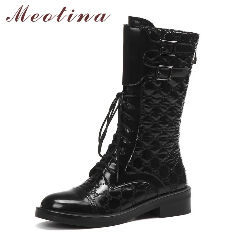 Meotina Real Leather Mid Heel Mid Calf Boots Women Motorcycle Boots Shoes Buckle Zip Lace Up Block Heels Ladies Boots Black 42 210520