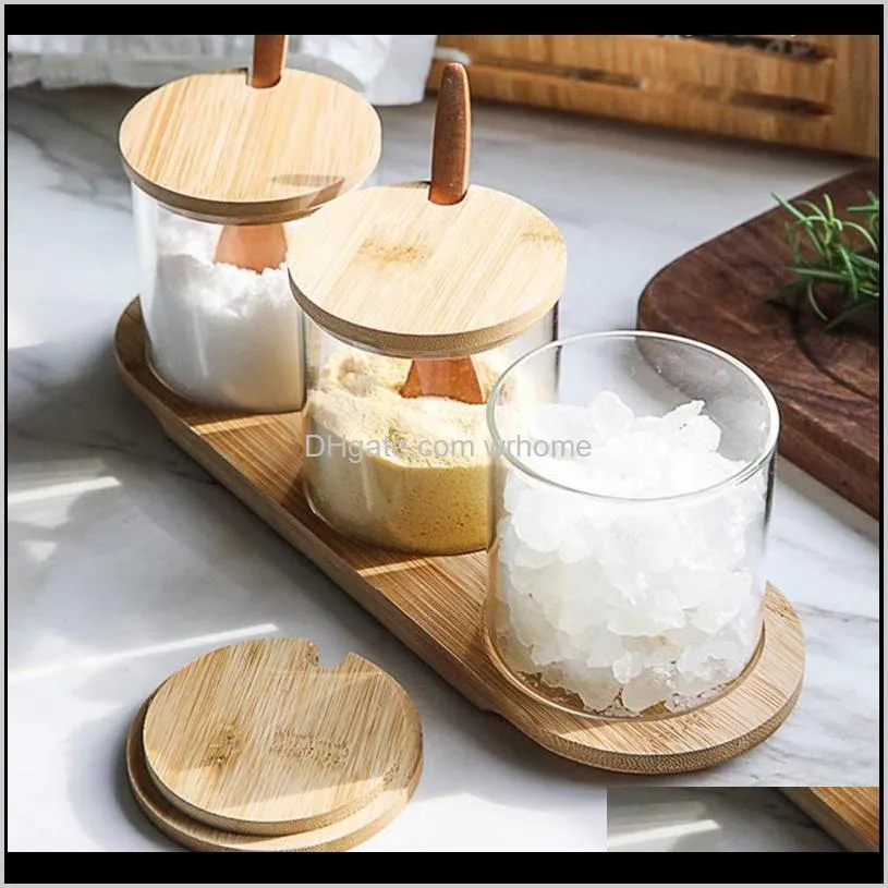 Condiment Container Seasoning Box Set, Spices Salt Jars Glass Storage Containers With Bamboo Lid And Spoon Bottles &