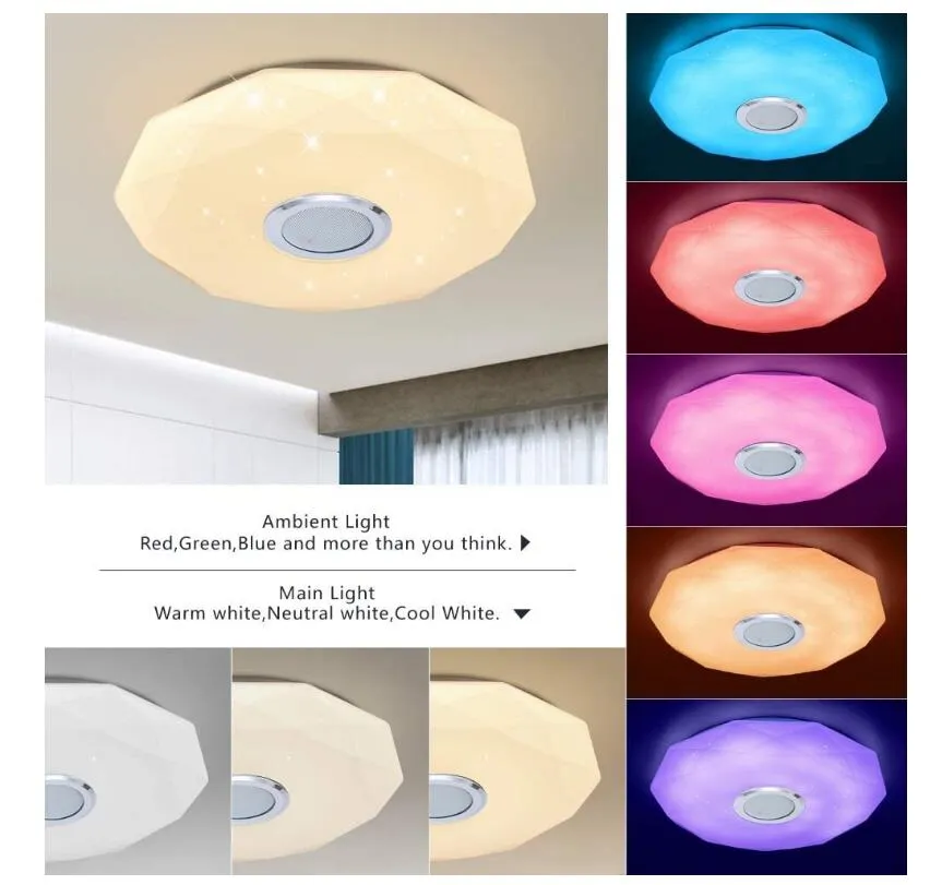 現代RGB LEDの天井灯ホーム照明リモートアプリコントロールBluetoothスピーカーミュージックライトベッドルームスマート