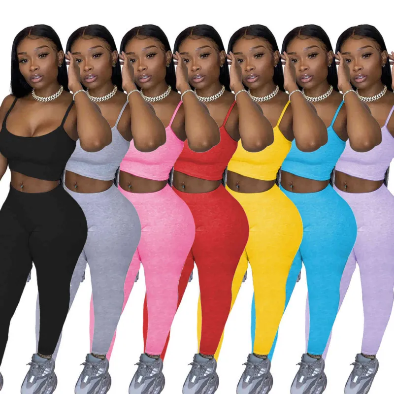 Femmes Survêtements Deux Pièces Ensembles Yoga Survêtement Jogging Costume Plaine Tenues Débardeur + Leggings Sexy Sportswear Vêtements D'été Couleur Unie