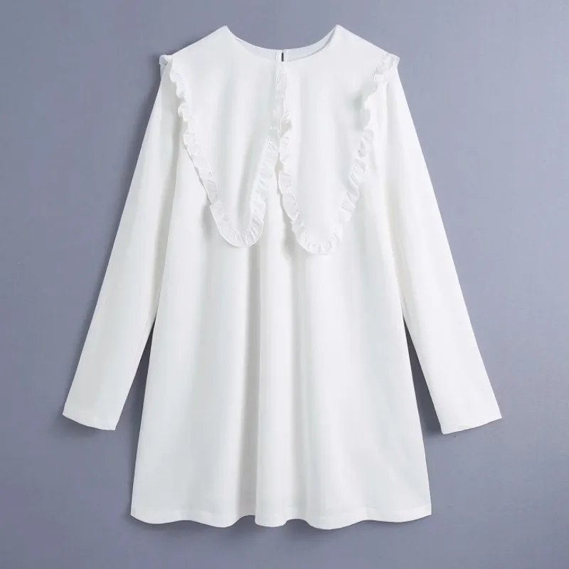 Spring Women Chic Sailor Collar White Mini Dress Female Long Sleeve Clothes Casual Lady Loose Vestido D7333 210430