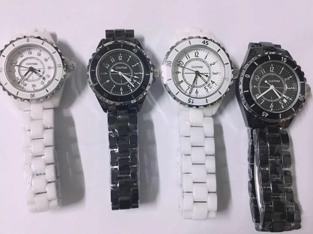 Classico design di marca di lusso coppia orologio in ceramica nero bianco cz diamante intarsio donna uomo orologio marchio logo orologi al quarzo 33mm 38m