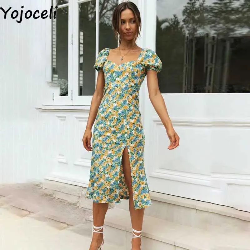 Yojoceli Impressão Vintage Long Split Dres Verão Ruffles Lápis Casuais Boho Beach Midi Vestidos 210609