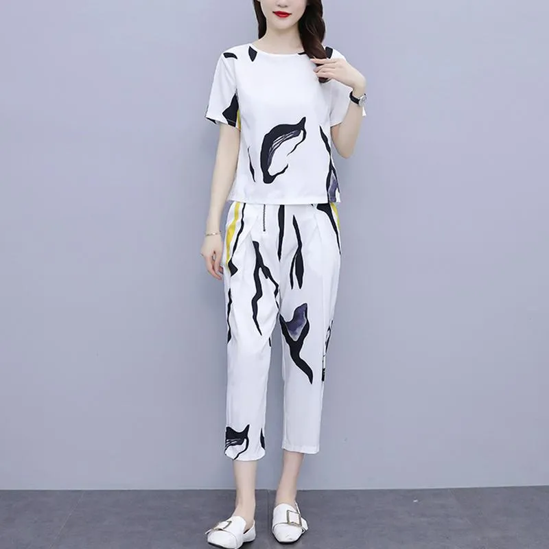 Two Piece Silk Set Short Sleeve T-shirt Women High Waist Pencil Pants Suit 2 Summer Loose Sets 2021 Women's