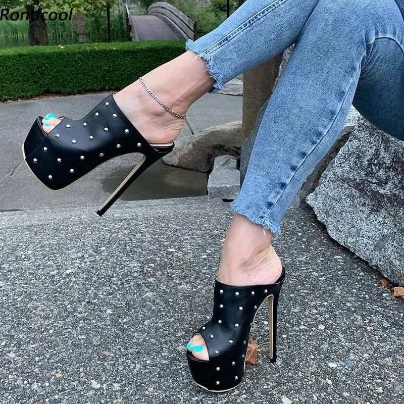 RONTIC 2021 Dames Platform Slingback Sandalen Studded Stiletto Hakken Peep Toe Elegant Black Party Dames Schoenen US Maat 5-20