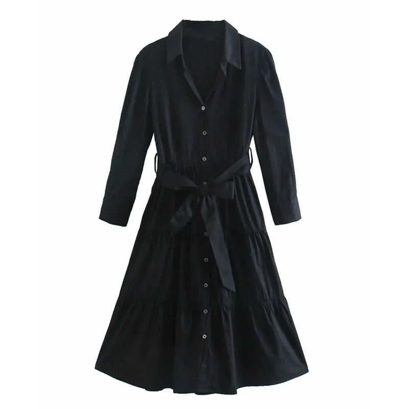 ZA Femmes Robes Printemps Automne Vintage Imprimer Casual Noir Chemise à manches longues Robe à volants Jupe à gâteau avec ceinture Xitimeao 210602