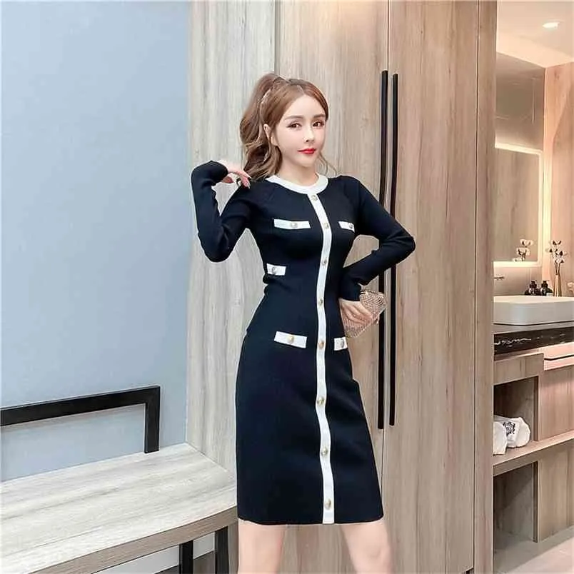 Robe de printemps automne femme style coréen couture col rond manches longues mince tricoté es LL709 210506