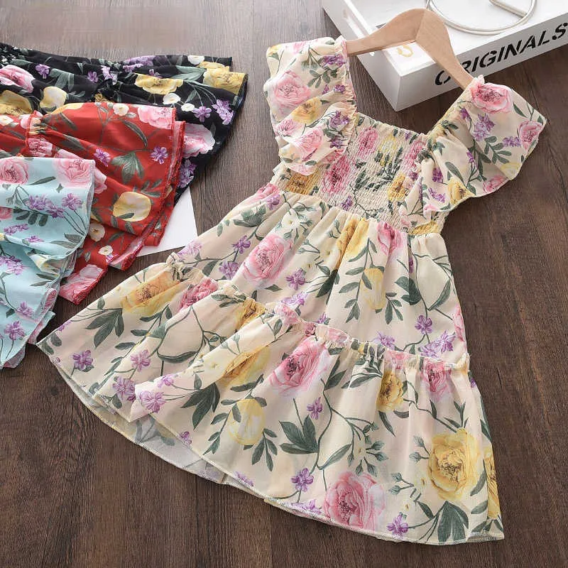 Neonate Vestito da principessa 2021 Nuova estate Bambina in chiffon Fiori Stampa Abbigliamento Volante senza maniche Vestito da festa per bambini G1026