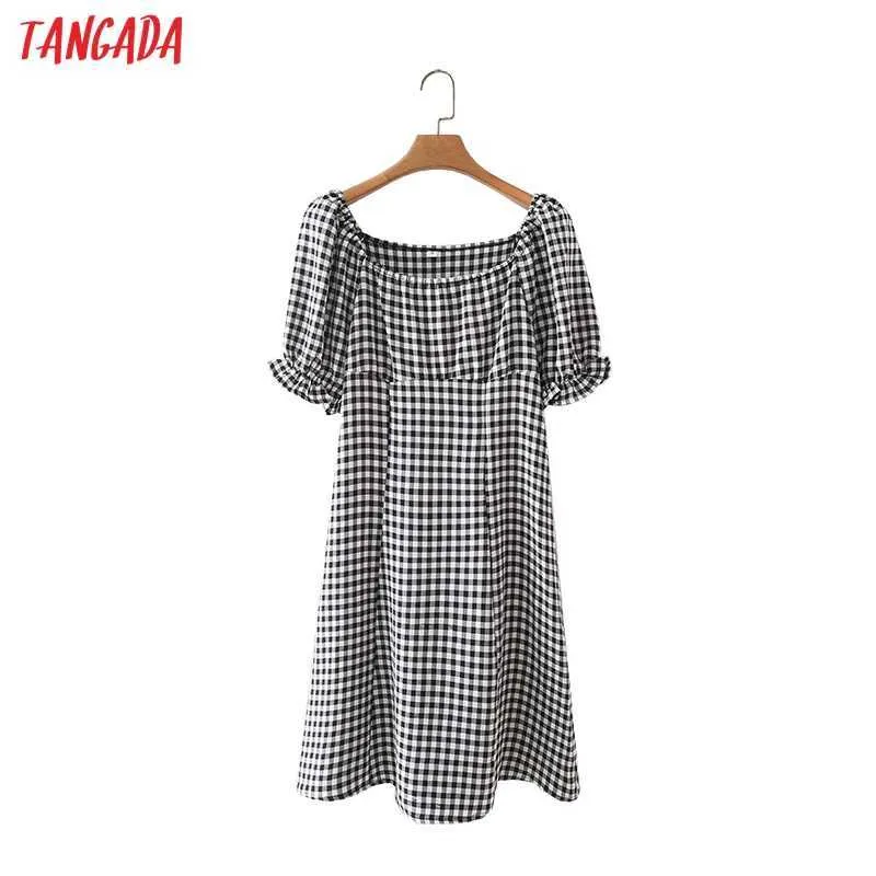 Tangada zomer vrouwen klassieke plaid print Franse stijl jurk bladerdeeg korte mouw dames sundress 2m58 210609