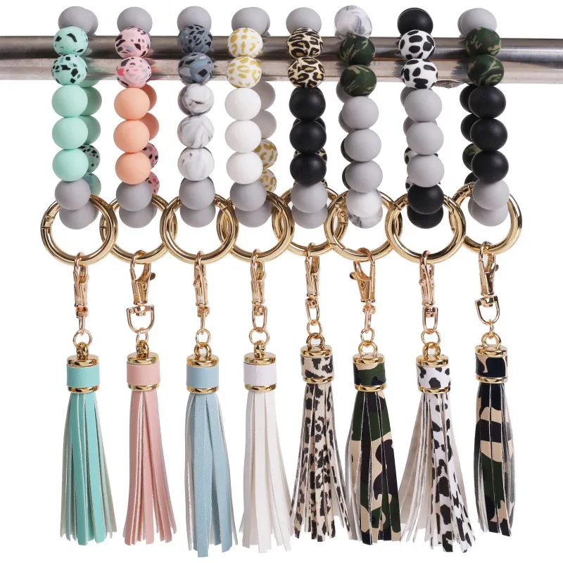 Camouflage Siliconen Bead Armband Sleutelhanger Party Suede Tassel Pols Sleutelhanger Bangle met Metalen Gesp Dames Hanger Gift 8 stijlen