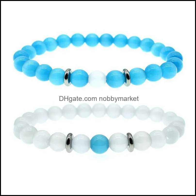 Perline, fili Bracciali Gioielli 8Mm Blu Bianco Opale Perline Bracciale Catene Per Donna Uomo Coppia Guarigione Cristallo Pietra Naturale Braccialetto Di Perline