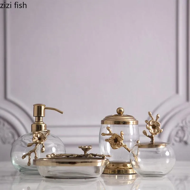 Bath Accessoire Set Europese Crystal Douche Accessoires Zeepdispenser Vintage Koper Ambachten Badkamer Wasgereedschap Vergulde Benodigdheden