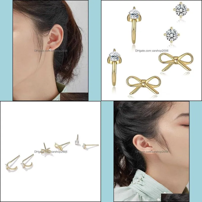 ZEMIOR 925 Sterling Silver Jewelry Cute Bow-Knot Tiny Earrings For Women Girl Clear CZ Gold Color Studs Earring Sets