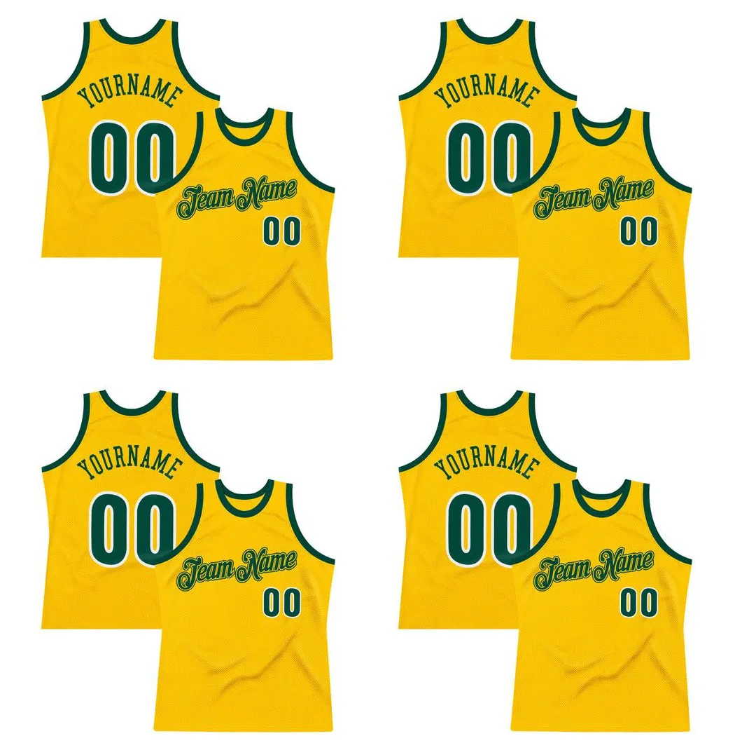 Custom Gold Hunter Green-White Authentic Throwback Basketball Jersey