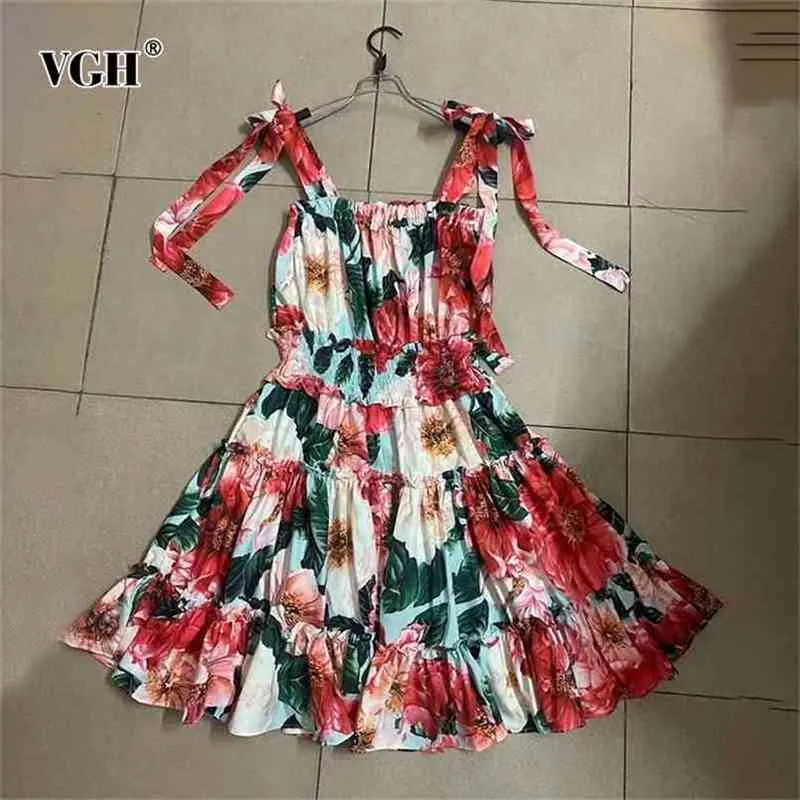 Print Lace Up Bowknot Sling Dress voor Dames Vierkante Kraag Mouwloze Hoge Taille Mini Jurken Vrouwelijke Zomer Mode 210531