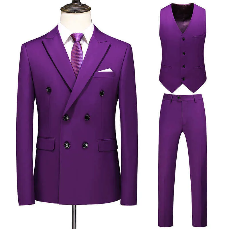 ( Jacket + Vest + Pants ) Groom Wedding Dress Double Breasted Solid Color Mens Slim Suit 3Pces Set Formal Stage Tuxedo Social X0909
