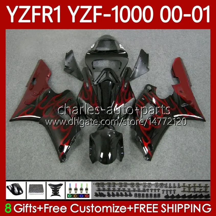 Carrozzerie moto per YAMAHA YZF-R1 YZF-1000 YZF R 1 1000 CC 00-03 Carrozzeria 83No.38 YZF R1 1000CC YZFR1 00 01 02 03 YZF1000 2000 2001 2002 2003 Kit carenatura OEM fiamme rosse blk