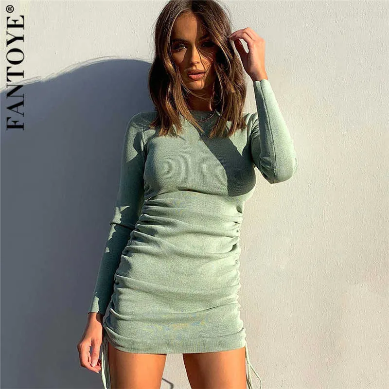 FANTOYE Cotton Full Sleeve Dr2020 Autumn New Women Fold Ruched Dstring Slim Mini DrCasual Streetwear O-Neck Dresses X0529