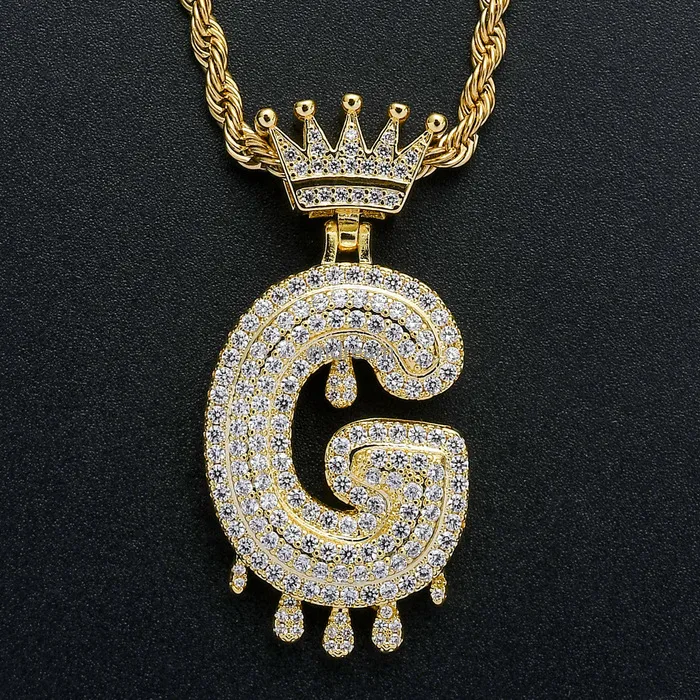 A Z Water Drop English Initial Crown Necklace Jewelry SE Cubic Zirconia 18K Gold Letter Diamond Pendant Hip Hop Halsband Bling For Women Män Rostfritt stålkedja