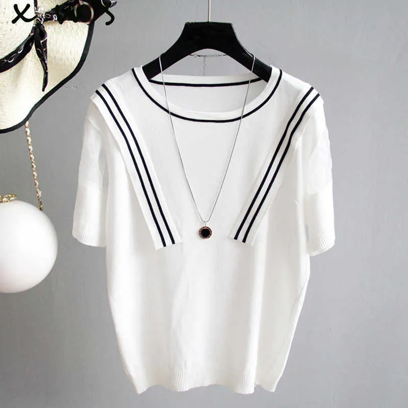 Koreanska stil randiga stickade kvinnor tröja toppar femme sommar kortärmad pullover grundläggande tröjor 210604