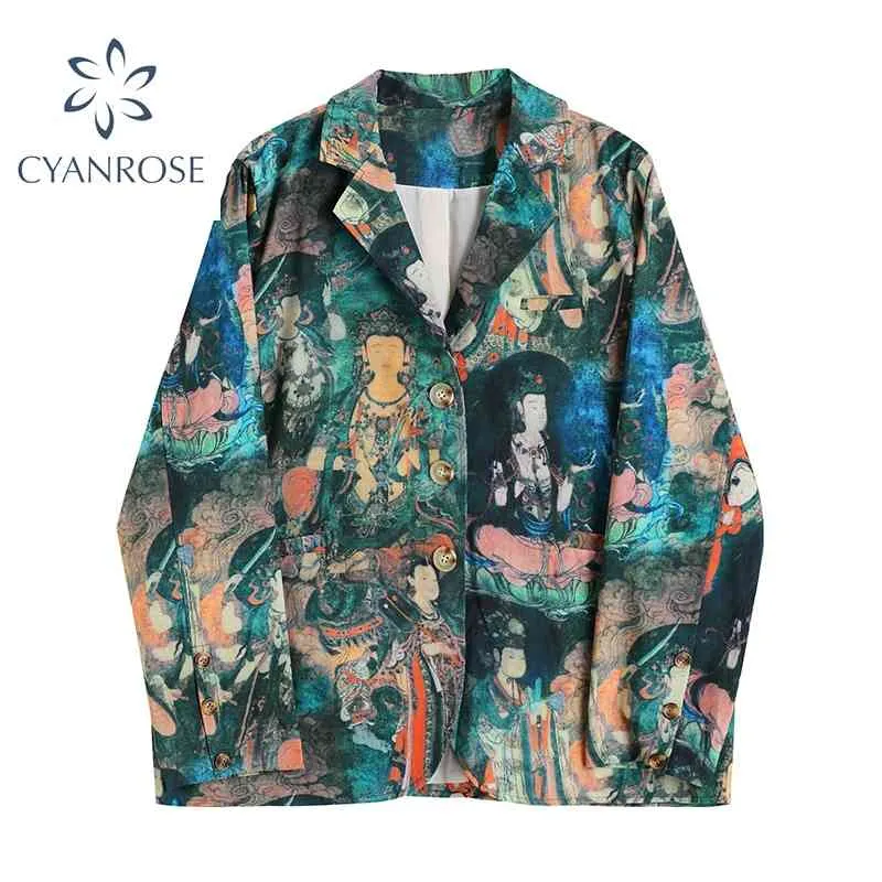 Vintage estilo chino casual blazer otoño invierno moda impreso manga larga damas outwear chaquetas femeninas chic tops 210417