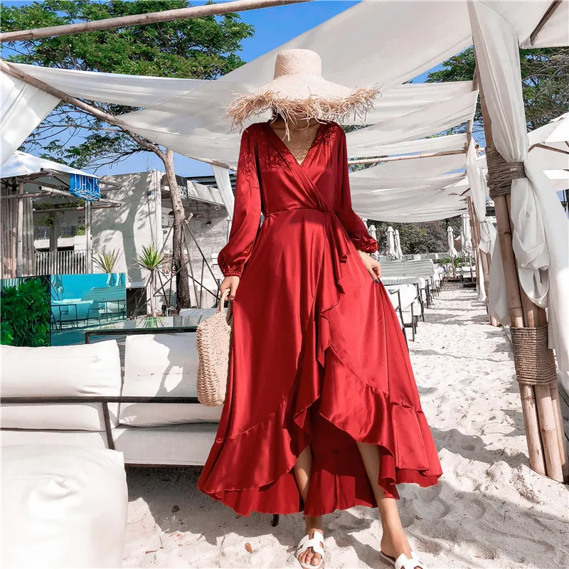 ヴィンテージレッドシルクとサテン夏のビーチホリデードレス秋の女性フリル長袖 V ネックバックレスラップドレス 210416