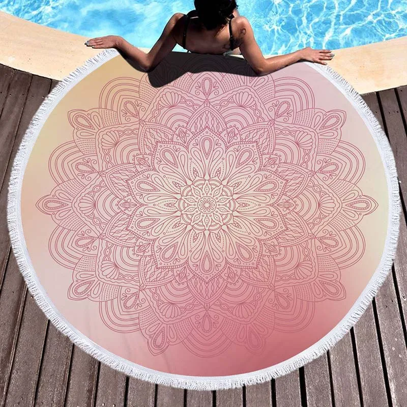 Round Beach Towel Mandala Microfiber Geometry Terry Thick With Tassels Round Beach Blanket Picnic Throw Yoga Mat Ultra Soft 59 Inch