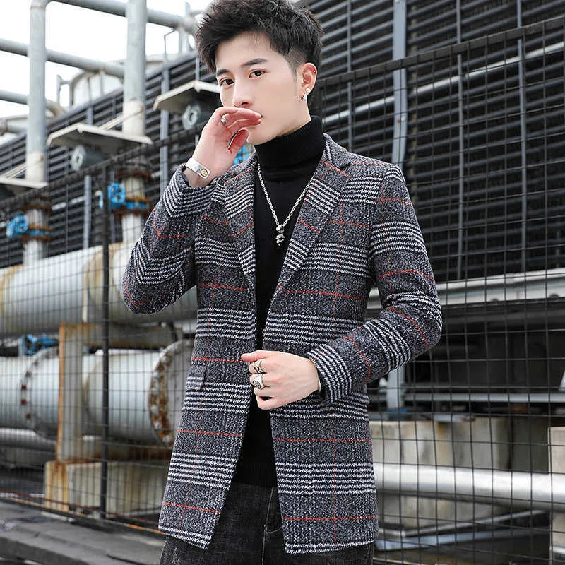 Fashin Men Trench Coat in lana Giacca invernale coreana Slim Fit Uomo lungo Soprabito Business Casual Giacca a vento Steetwear Abbigliamento 210527