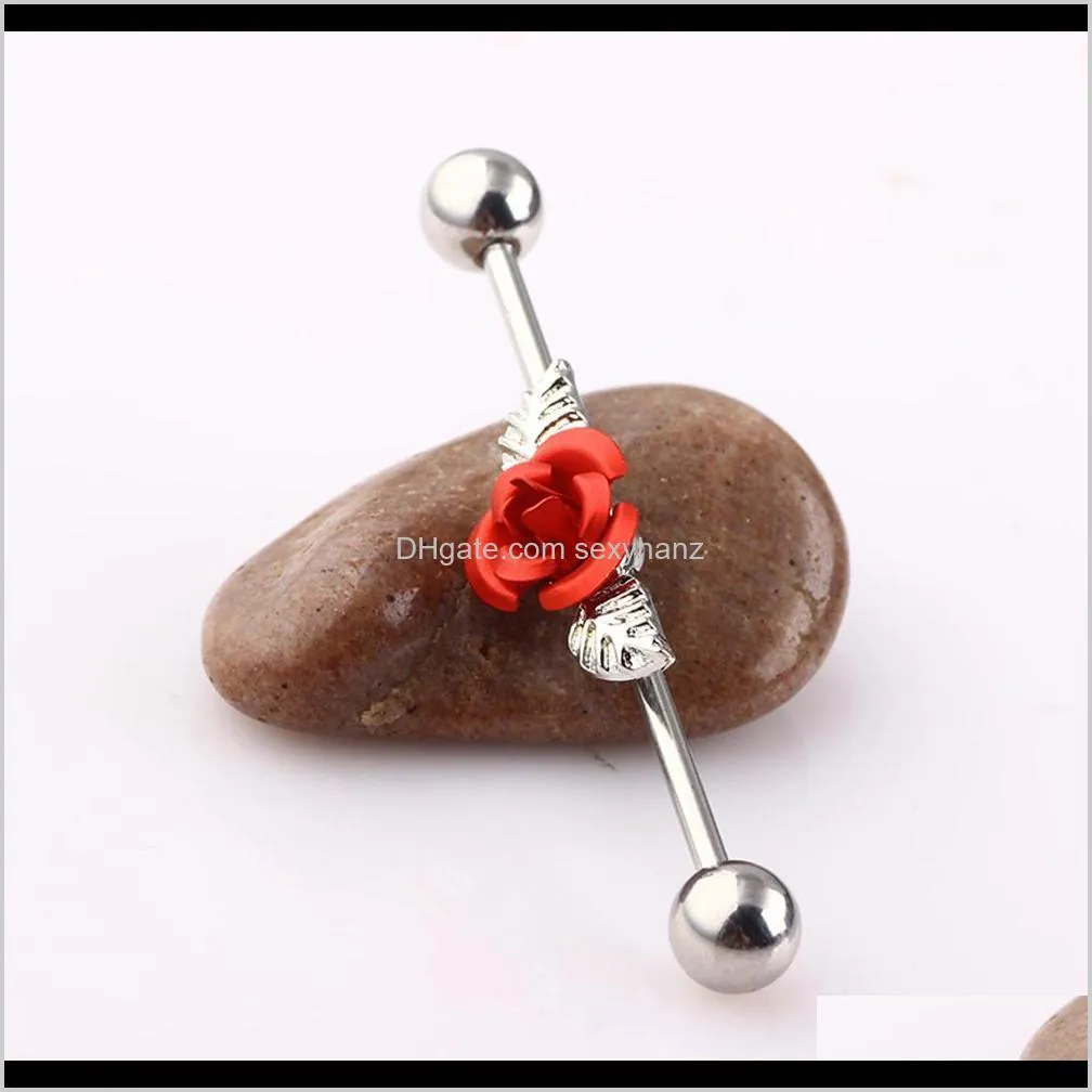 red rose with leaves industrial piercing cartilage barbells 14g surgical steel ear bar sexy body earring jewelry 20pcs