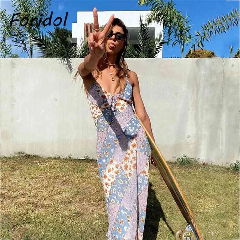 Floral Print Summer Dress Women Strap Purple Sleeveless Casual Boho Maxi Beach Sundress 210427