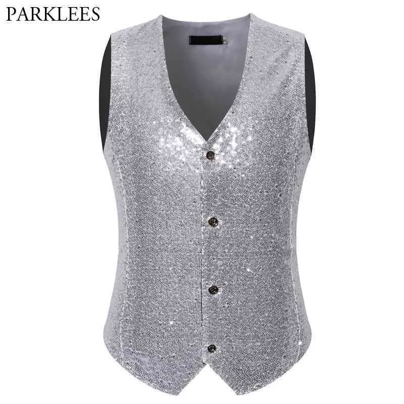 Mens paillette sequin glitter kostym väst slim passform v nacke manlig glänsande sliver västar bröllop brudgum DJ bar scen sångare väst 2xl 210522