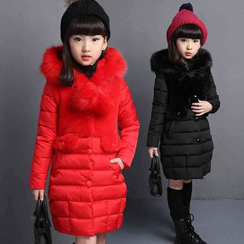 冬の女の子のジャケットファッションの毛皮の襟の子供のアウターウェアコート服ロングデザイン幼児子供のダウンパーカー210508