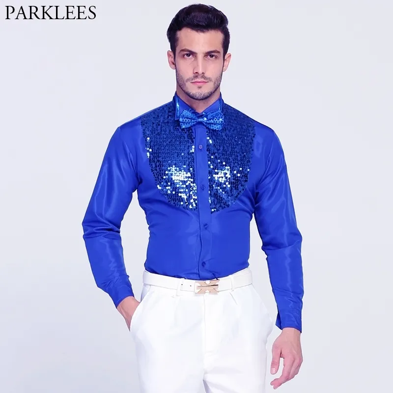 Royal Blue Sequin Patchwork Dress Shirt Men Märke Vinge Tips Slim Fit Western Cowboy Festivaler Skjorta Man Party Dance Prom Chemise 210522