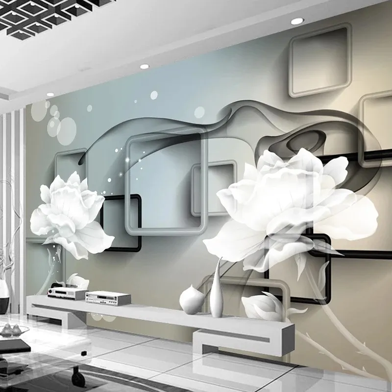 Anpassad fotovägg heminredning modern 3D blommor fyrkantig rutnät fresco vardagsrum soffa TV bakgrund konst väggmålning watertproof