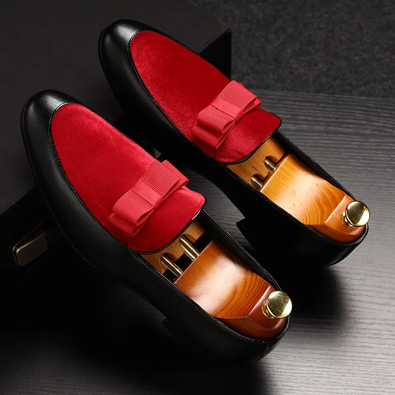 Luxury Bowknot Dress Shoes Male Flats Loafers Black Patent Leather Red Suede Loafers Men Formal Wedding Shoes Men Formal Leather