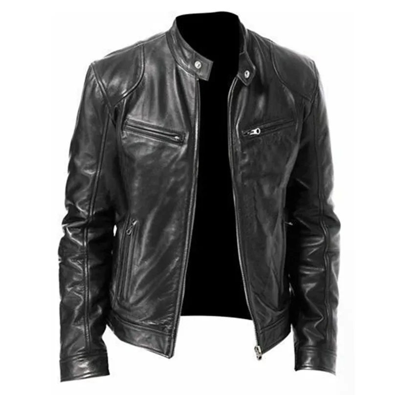Осень мужская кожаная куртка плюс размер черный коричневый мужской стенд воротник воротник мотоцикла 211217