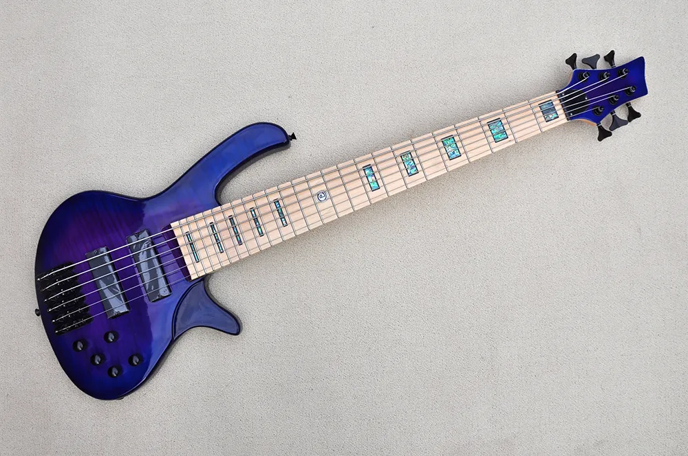 Basso elettrico Custom Factory 6 corde corpo blu e viola con 2 pickup neri, 24 tasti, hardware nero