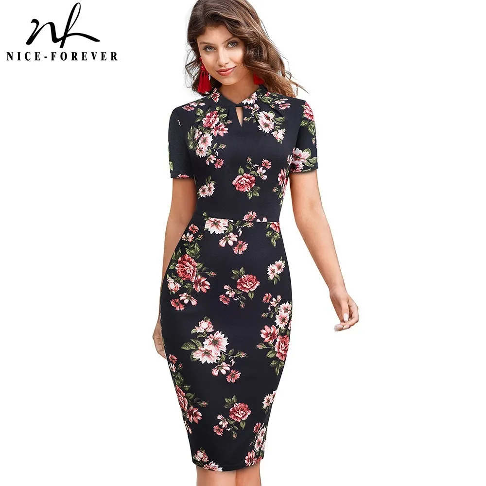 Nice-Forever Élégant Vintage Floral Imprimé vestidos Business Party Moulante Crayon Femmes Robe D'été B534 210419