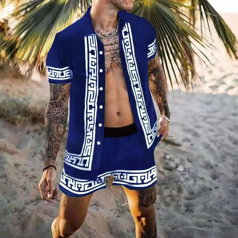أزياء الرجال الصيف رياضية هاواي قصيرة الأكمام 2 قطع مجموعة جودة عالية مطبوعة قميص قمم السراويل مجموعات الملابس