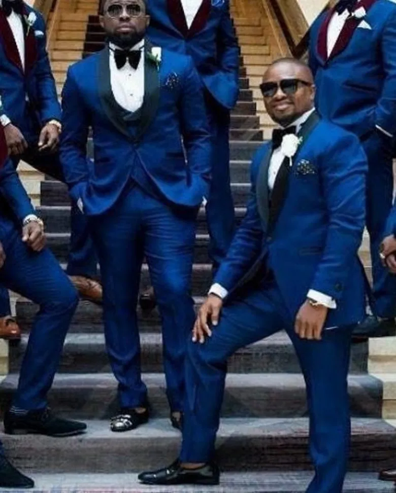 Latest Design One Button Blue Groom Tuxedos Shawl Lapel Wedding/Prom/Dinner Groomsmen Men Suits Blazer (Jacket+Pants+Vest+Tie) W1328