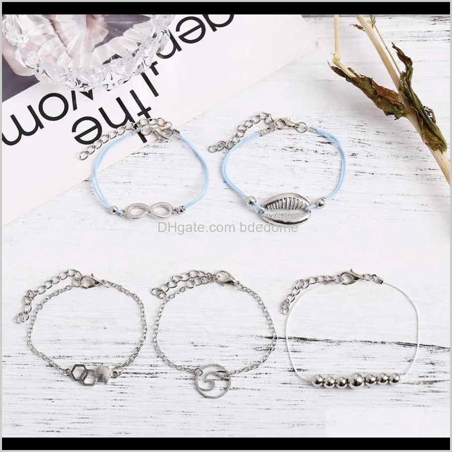 bracelets set 5pcs package alloy 8 shell sea wave bead charm with string rope silver color plated metal chain