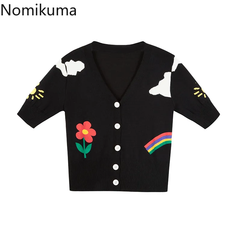 Nomikuma Funny Cartoon Printed Knitted Cardigan Short Sleeve V-neck Korean Elegant Sweater Coat Causal Women Knitwear Top 6G453 210427