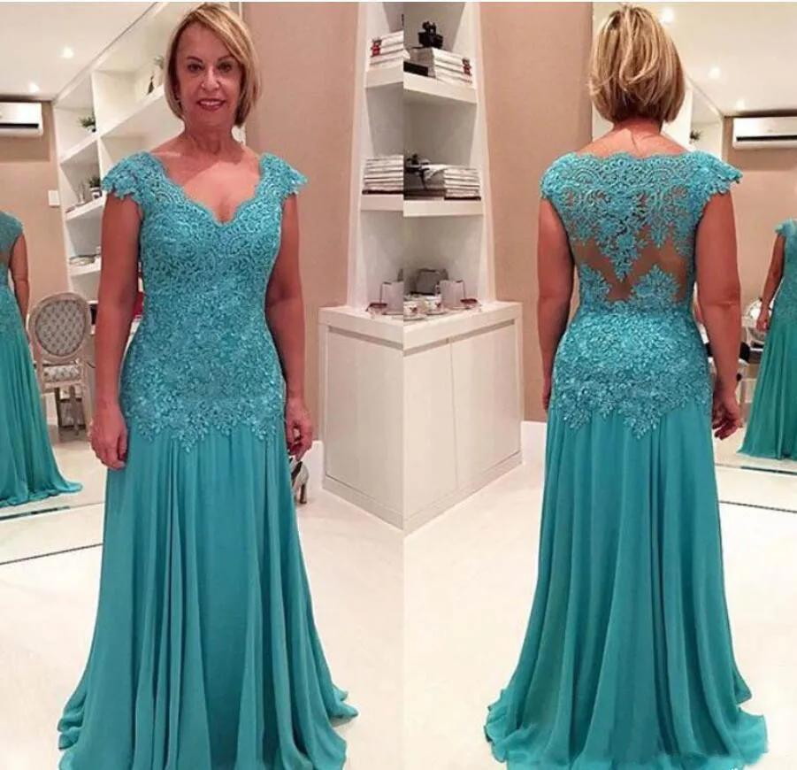 Turquoise 2021 Lace Mother of the Bride Dresses Chiffon Mermaid Moms V-neck Cap Sleeve Applique Formal Evening Gowns Hot Selling