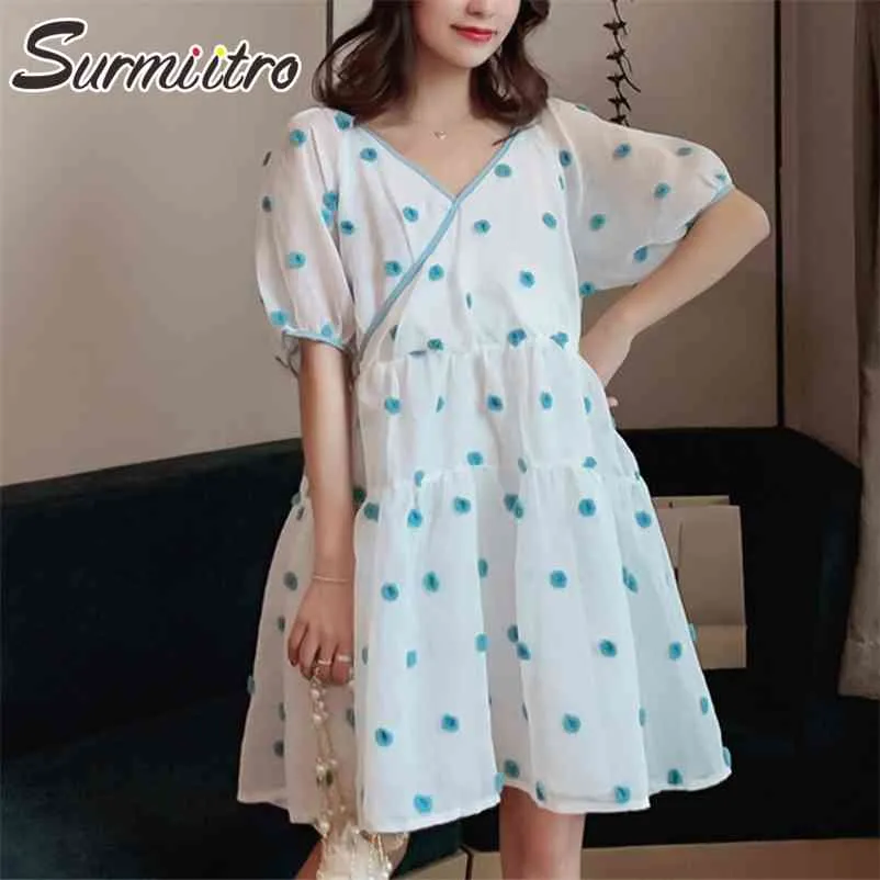 Plus size 4xl doce verão midi vestido mulheres estilo coreano senhoras manga curta Dots túnicas túnicas feminina 210421